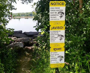 Signs warning people of the dangerous fish from Onondaga Lake are written in Spanish, English and Dzongkha