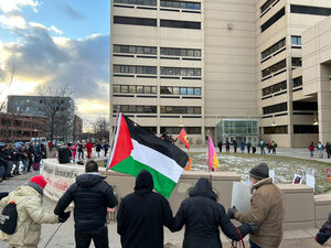 Demonstrators call for an immediate ceasefire in Gaza and an end to “genocide” in colonial regions in a rally co-organized by the Resilient Indigenous Action Collective and SU’s Faculty for Justice in Palestine.