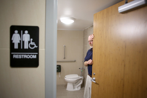 Construction workers refurbish a bedroom in Shaw Hall. The bathrooms and bedrooms at Shaw and Sadler halls were upgraded this summer.