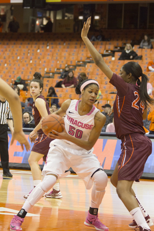 Briana Day works in the paint against Virginia Tech on Thursday night. The freshman collected a team-high 12 rebounds and added six blocks. 