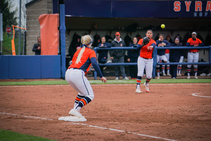 Alexa Romero tosses the ball over to Sydney O'Hara in SU's win over Virginia Tech on Sunday. 