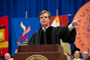 Aaron Sorkin, an SU alumnus, delivered the commencement speech for the Class of 2012. Sorkin is known for paying subtle tributes to his alma mater in his television shows.