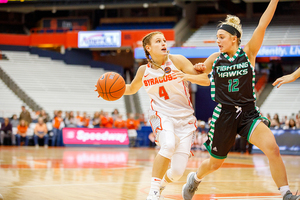 Tiana Mangakahia drives to the rim against North Dakota in Syracuse's season-opener against North Dakota.