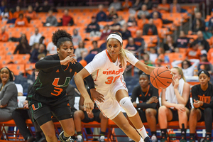 Kadiatou Sissoko drives to the lane against Miami.