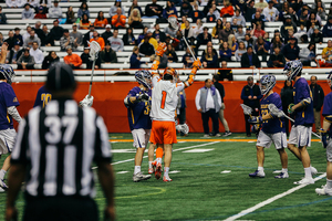 Voigt, pictured against Albany, scored six goals against the Great Danes. 