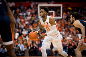 Oshae Brissett surveys the defense against Virginia in March.