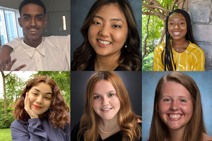 High school seniors Abdiweli Dahir (top left), Alexis Ahn (top middle), Amina Salahou (top right), Aneesa Zinkovitch (bottom left), Caroline Dougherty (bottom middle) and Annie Kilmartin (bottom right) are touring colleges virtually because of the pandemic. 