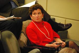 Chancellor Nancy Cantor intently listens to the proposed resolution which created a committee to monitor the administrations policies and procedures during future investigations.