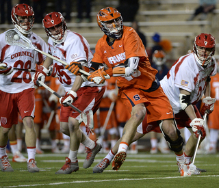 Staats winds up a shot after dodging past three Cornell players. Staats had five goals and four assists in a dominating performance. 