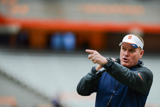 SU head coach Scott Shafer addresses the crowd before the game. He reiterated the program's two-for-one ticket deal for the Orange's season opener against Villanova in the fall.