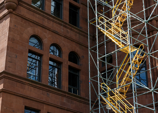 Here's a close-up look at the scaffolding along the façade of Crouse College. Photo taken July 18, 2017