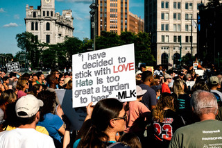 Among the attendees of Sunday's Black Lives Matter rally in Clinton Square was mayoral candidate Juanita Perez Williams, who held a sign that read 