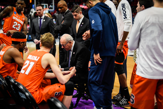 Head coach Jim Boeheim addresses his team prior to the game against No. 6 seed TCU.